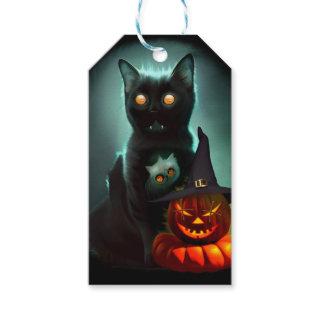 Vampire Cat and Wizard Pumpkin Halloween Surreal   Gift Tags
