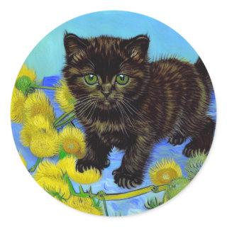 Van Gogh Style Cat with Sunflowers Classic Round Sticker