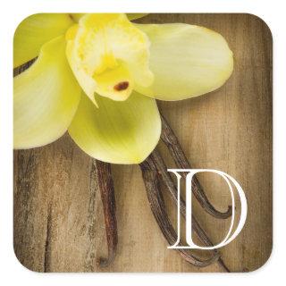 Vanilla Pods and Flower over Wooden Background Square Sticker