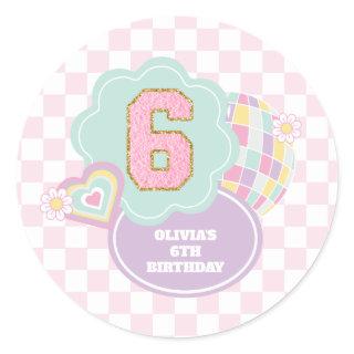 Varsity preppy pastel patch 6th Birthday Classic Round Sticker