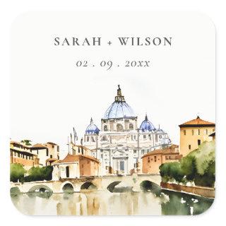Vatican Rome Italy Watercolor Landscape Wedding Square Sticker