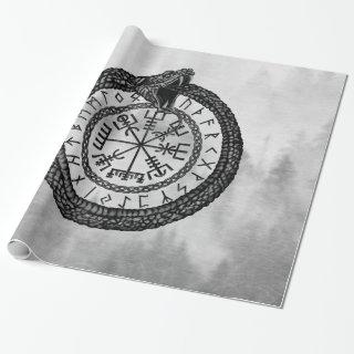 Vegvisir with Ouroboros and runes - grayscale