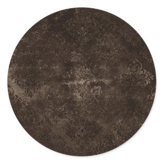 Velvety Bronze Damask | Brown Baroque Grunge Classic Round Sticker