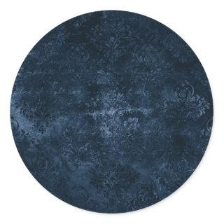 Velvety Navy Damask | Dark Blue Grunge Baroque Classic Round Sticker