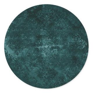 Velvety Teal Damask | Dark Green Grunge Baroque Classic Round Sticker