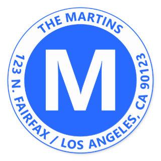 Very Bold Modern Blue & White Monogram & Text Classic Round Sticker