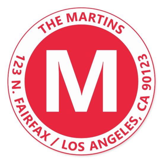 Very Bold Modern Red & White Monogram & Text Classic Round Sticker