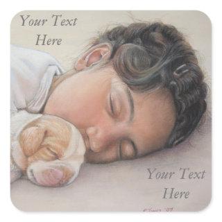 very cute little girl cuddling tiny beagle puppy square sticker