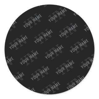 Very Dark Gray & Black Monogram Name Pattern Classic Round Sticker
