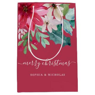 Vibrant Holiday Floral | Christmas Watercolor Red Medium Gift Bag