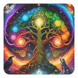 Vibrant Rainbow Celtic Tree with Wolves and Raven Square Sticker