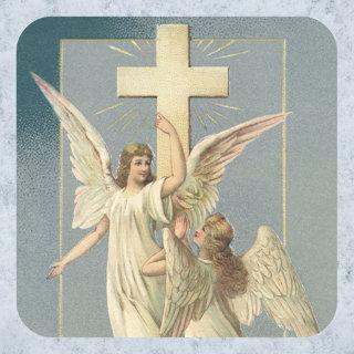 Victorian Angels with a Cross, Vintage Easter Square Sticker