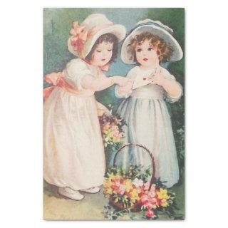 Victorian Children Holding a Valentine & Flowers Tissue Paper