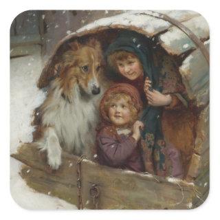 Victorian Children in Doghouse Square Sticker