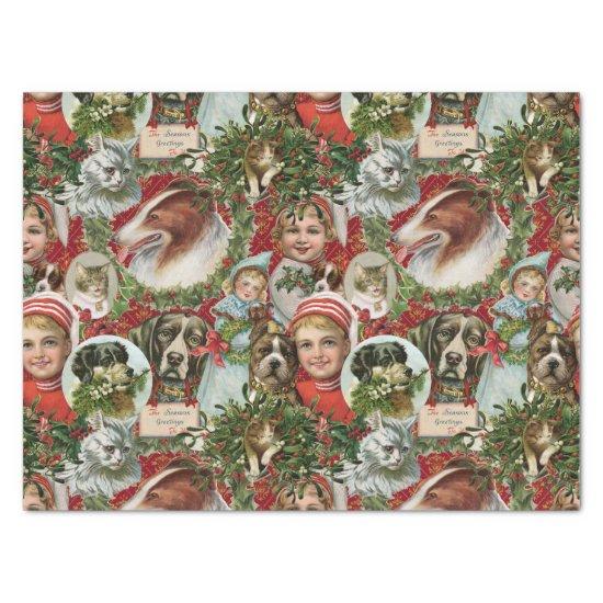 Victorian Christmas Cats And Dogs Scrap Collage  Tissue Paper