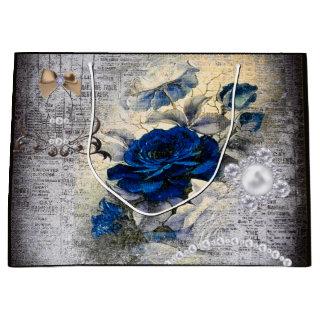 Victorian Dark Blue Rose Ephemera Large Gift Bag