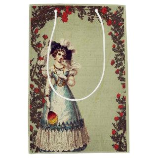 Victorian Lady in the Red Rose Garden with Fan Medium Gift Bag