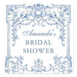 Victorian Ornate Grace Floral Blue Bridal Shower Square Sticker