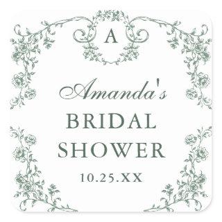 Victorian Ornate Grace Floral Green Bridal Shower Square Sticker