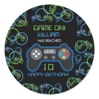 Video Game Neon Blue & Green Birthday Party Classic Round Sticker