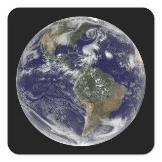 View of the full Earth and four storm systems Square Sticker