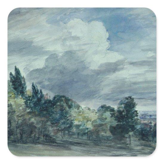 View over a wide landscape, with trees in the fore square sticker