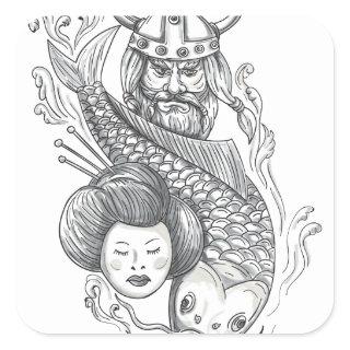 Viking Carp Geisha Head Tattoo Square Sticker