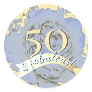 Vintage 50 and fabulous! Pale blue peony Classic Round Sticker