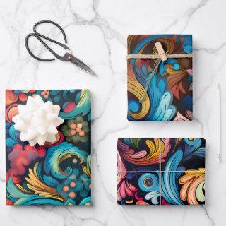 Vintage 70s Boho Psychedelic Swirl Set of 3  Sheets