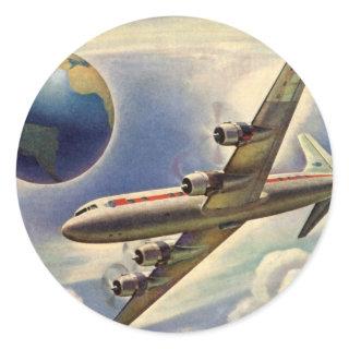 Vintage Airplane Flying Around the World in Clouds Classic Round Sticker