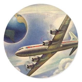 Vintage Airplane Flying Around the World in Clouds Classic Round Sticker