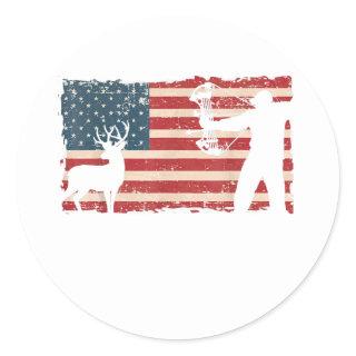 Vintage American Flag Archery Bow Hunting Classic Round Sticker