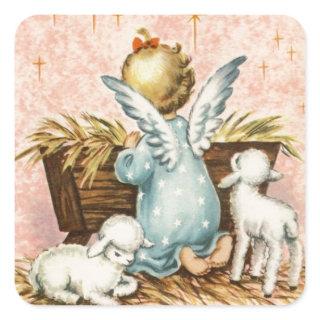 Vintage Angel and Lambs Sitting By A Manger Square Sticker