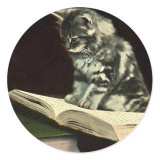 Vintage Animal, Cute Victorian Kitten Reading Book Classic Round Sticker