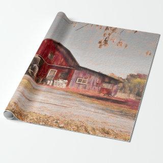 Vintage Antique Rustic Texture Sketch Art Red Barn