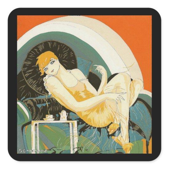 Vintage Art Deco Woman Reclining on Couch, Chompre Square Sticker