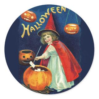 Vintage Art Halloween Witch with Pumpkins - child Classic Round Sticker