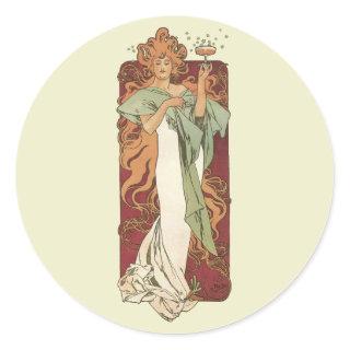Vintage Art Nouveau by Mucha, Champagne Party Classic Round Sticker