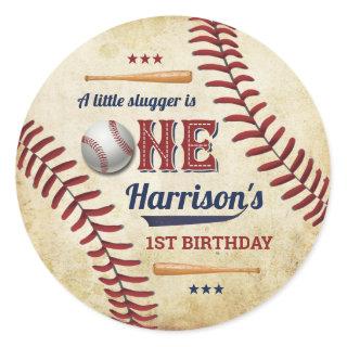 Vintage Baseball Boys 1st Birthday Classic Round Sticker