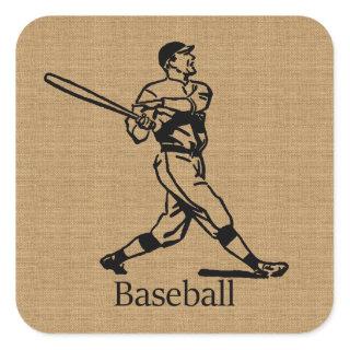 Vintage Baseball Player on Burlap Look Square Sticker