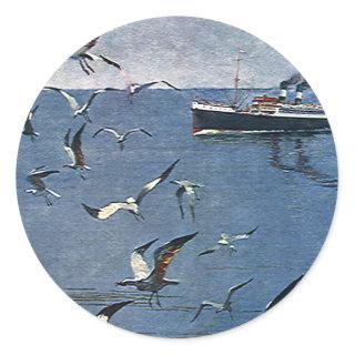 Vintage Birds Animals, Seagulls and Fishing Boats Classic Round Sticker