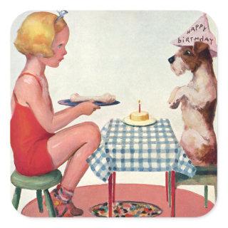 Vintage Birthday Party, Girl with Pet Puppy Dog Square Sticker