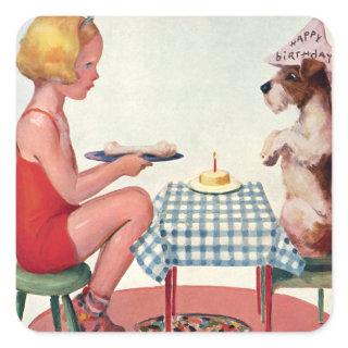 Vintage Birthday Party, Girl with Pet Puppy Dog Square Sticker