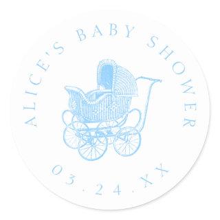 Vintage Blue Baby Carriage Baby Shower Classic Round Sticker