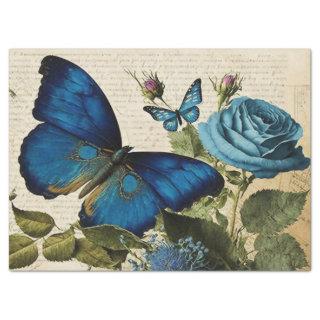 Vintage Blue Butterflies and Roses Decoupage Tissue Paper