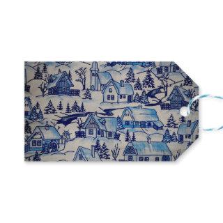 Vintage Blue Christmas Holiday Village Gift Tags