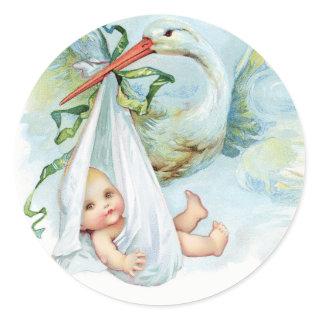 Vintage Blue Stork Baby Shower Stickers