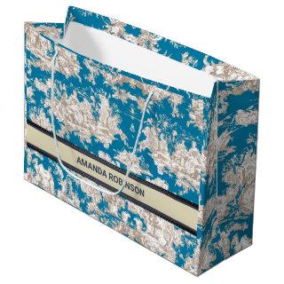 Vintage blue turquoise toile de jouy monogram large gift bag