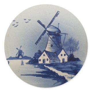 Vintage Blue White Delft Windmill Classic Round Sticker