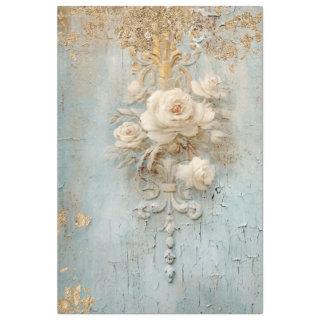 Vintage blue white Roses gold foil Decoupage  Tissue Paper